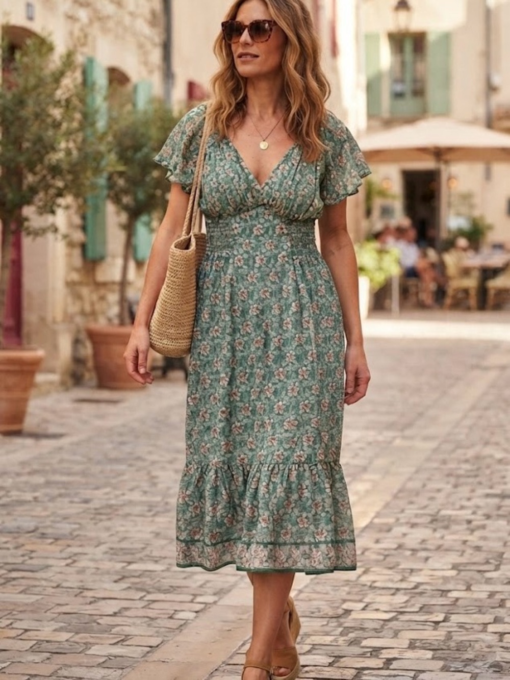 Max Studio Green Floral Flutter Sleeve Midi Dress Smocked Waist Cottagecore S